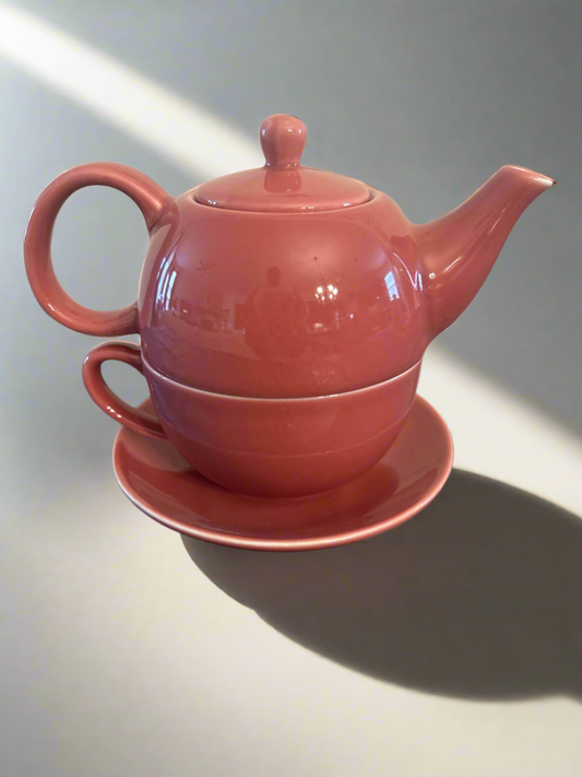 Red/Orange TeaPot w/ TeaCup & Saucer