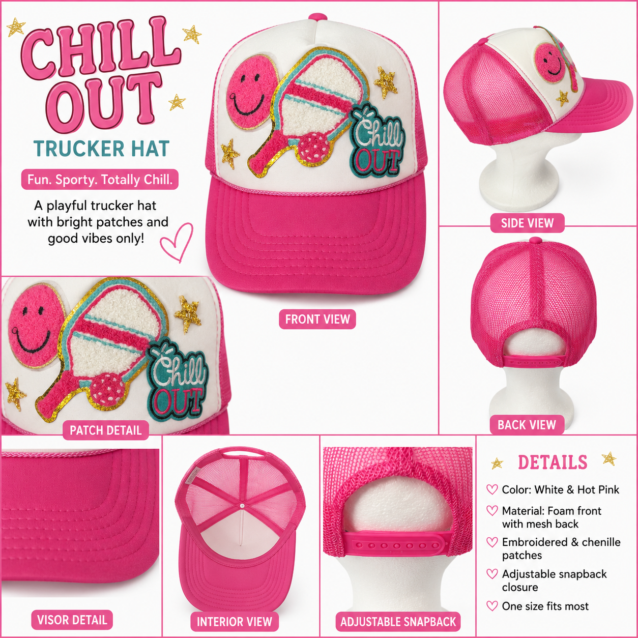 Pickle ball Trucker hat pink and White custom made for Women