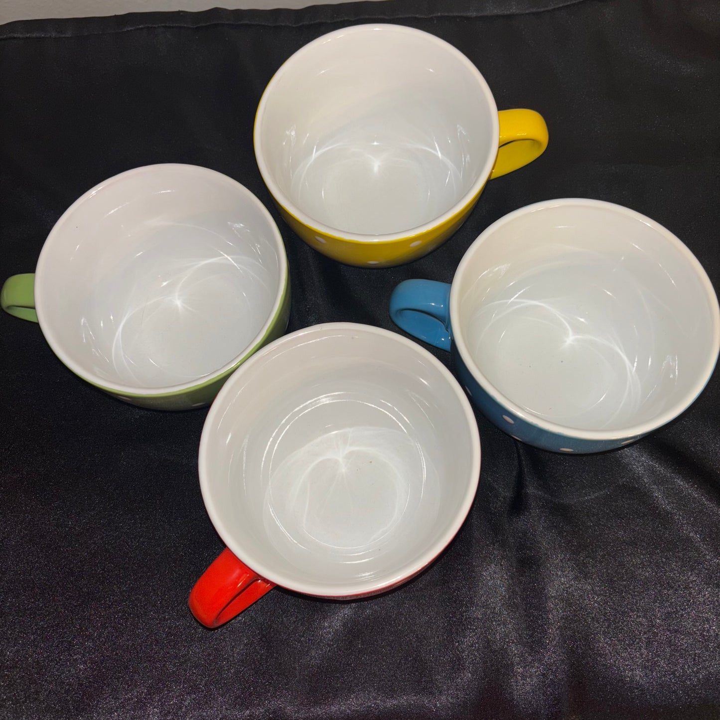Polkadot ceramic coffee mugs Red blue, yellow, green large size set of 4