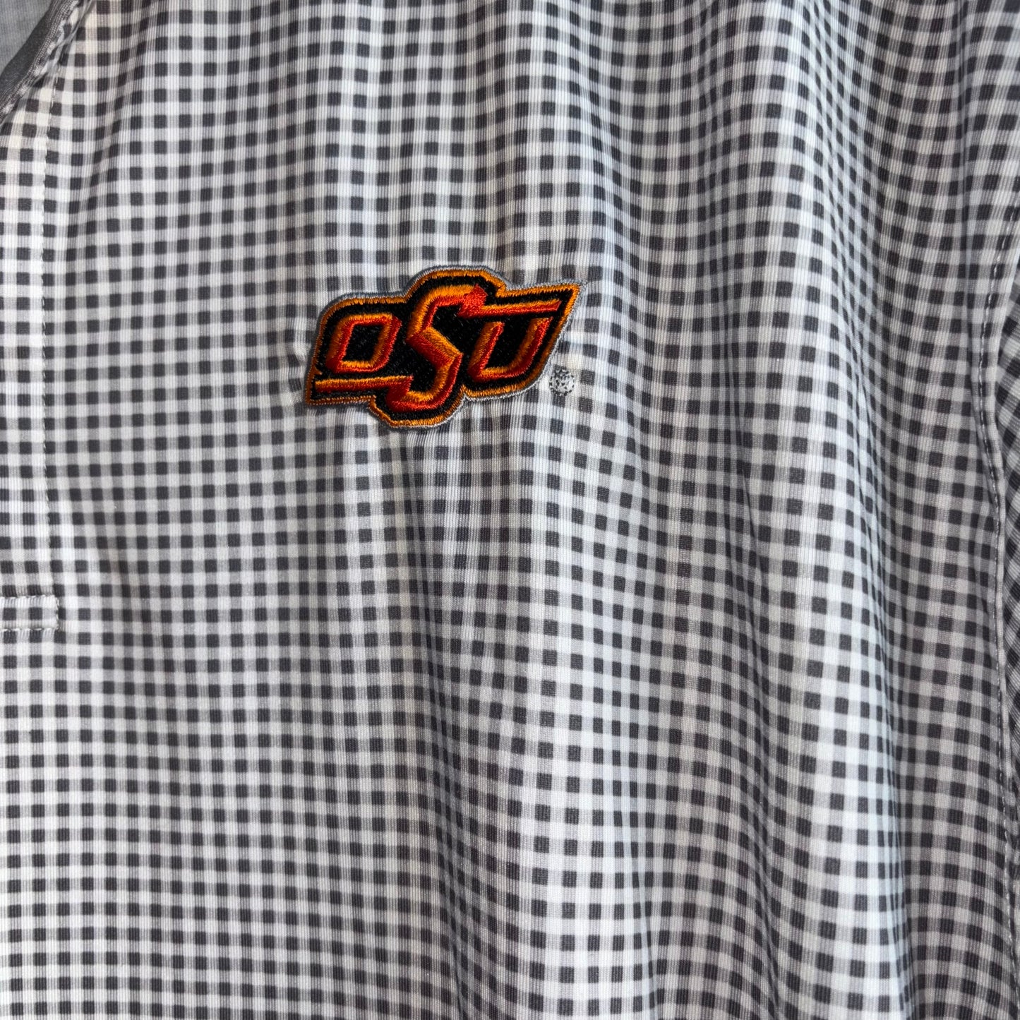 Oklahoma State University (OSU) Orange Logo White and Gray Plaid Men’s CL Polo Shirt