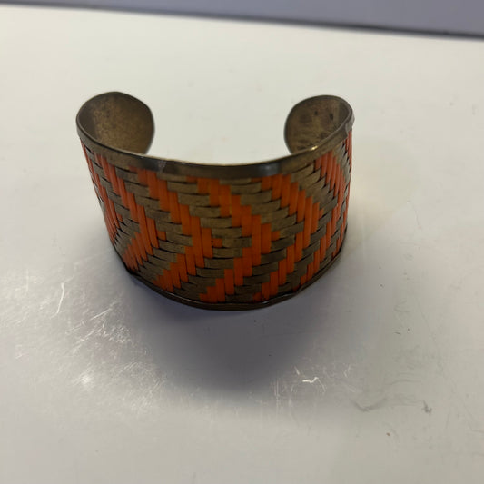 Vintage Orange Chevron Design Brass Bangle Bracelet
