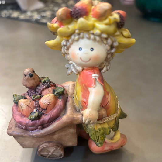 Fall spirit, adorable colorful, figurine with fruit and bird decor 