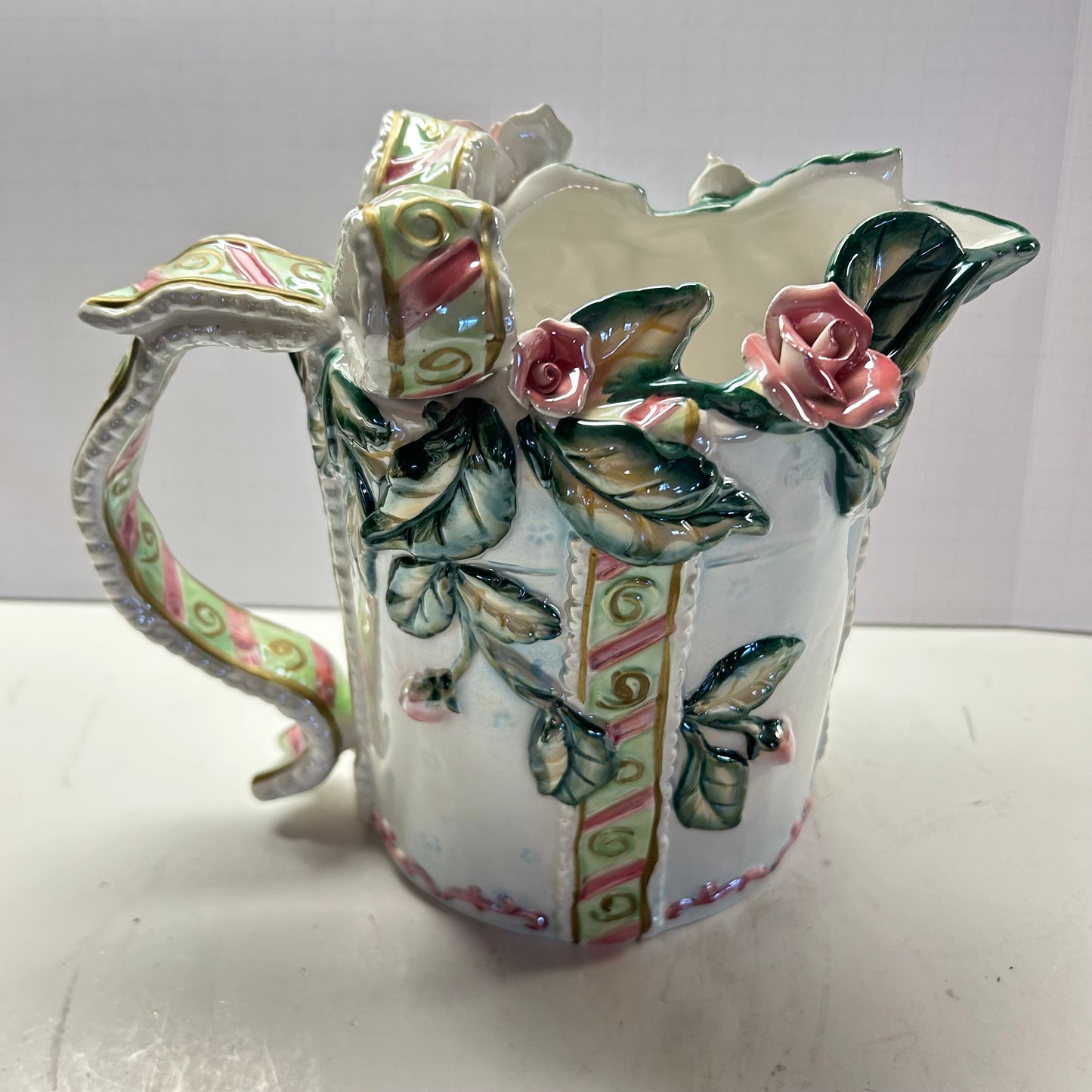 White pink and green Porcelain ceramic floral and ribbon bow design pitcher