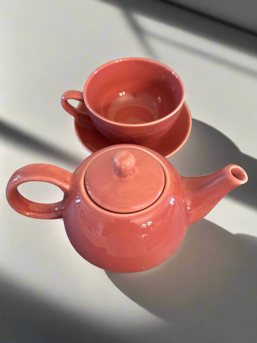 Red/Orange TeaPot w/ TeaCup & Saucer