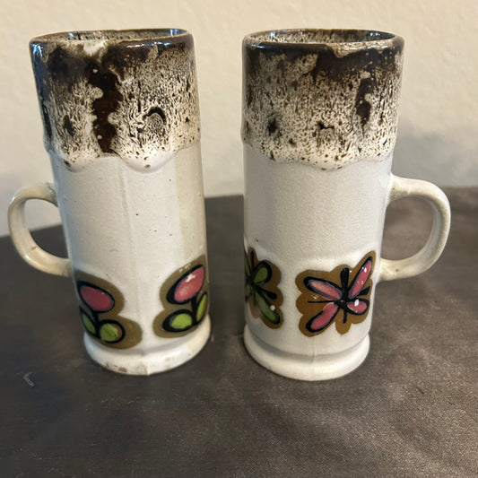 2-12oz Handcrafted Mugs w/ floral Design vintage