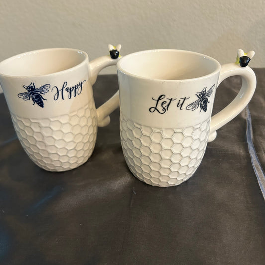 Mugs Beehive Design w/ “Bee Happy” “Let It Bee” White and Black honeycomb Design set of 2