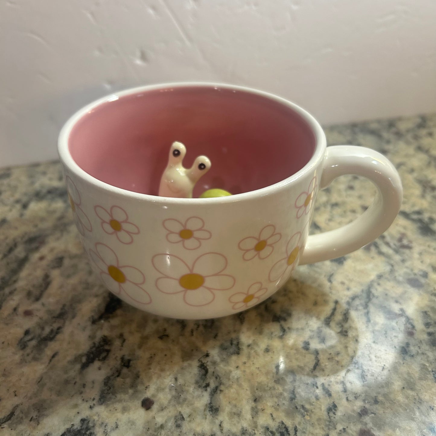 Pink and White Mug with Exterior Flowers & Cute Snail in Center