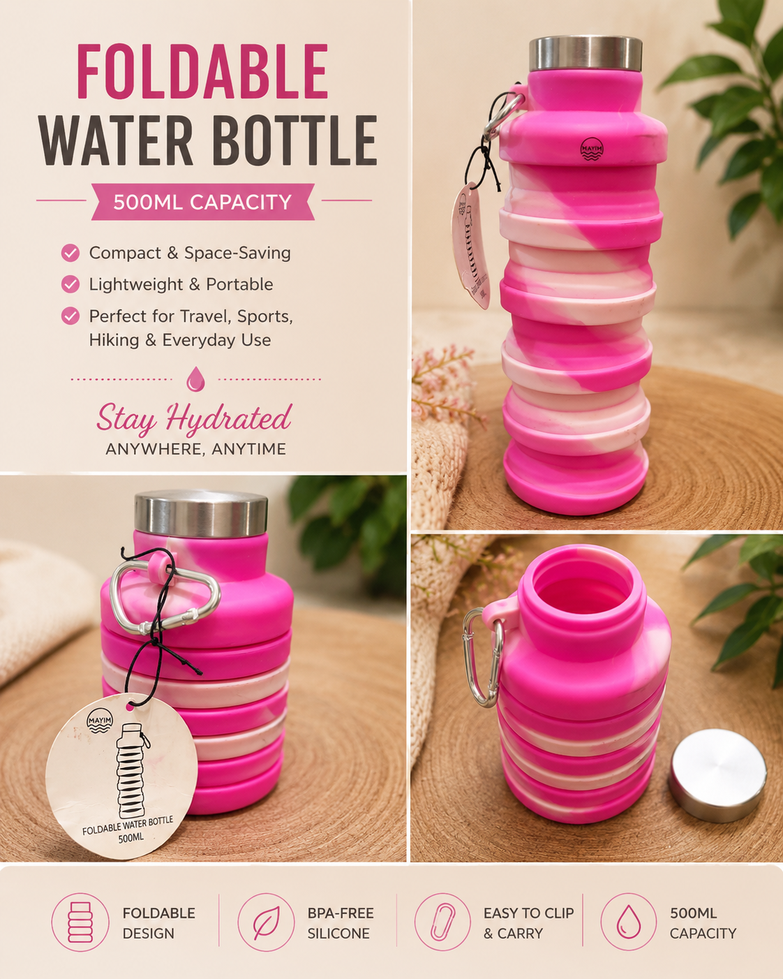 Pink and White Folding Water Bottle 500ml capacity