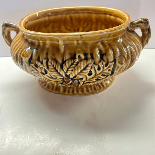 Vintage Ceramic Brown Glazed Pottery with Leaf design and Handles