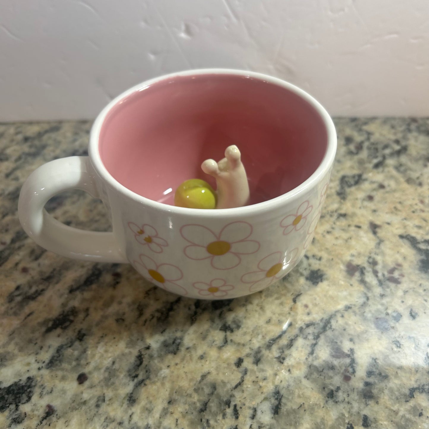 Pink and White Mug with Exterior Flowers & Cute Snail in Center