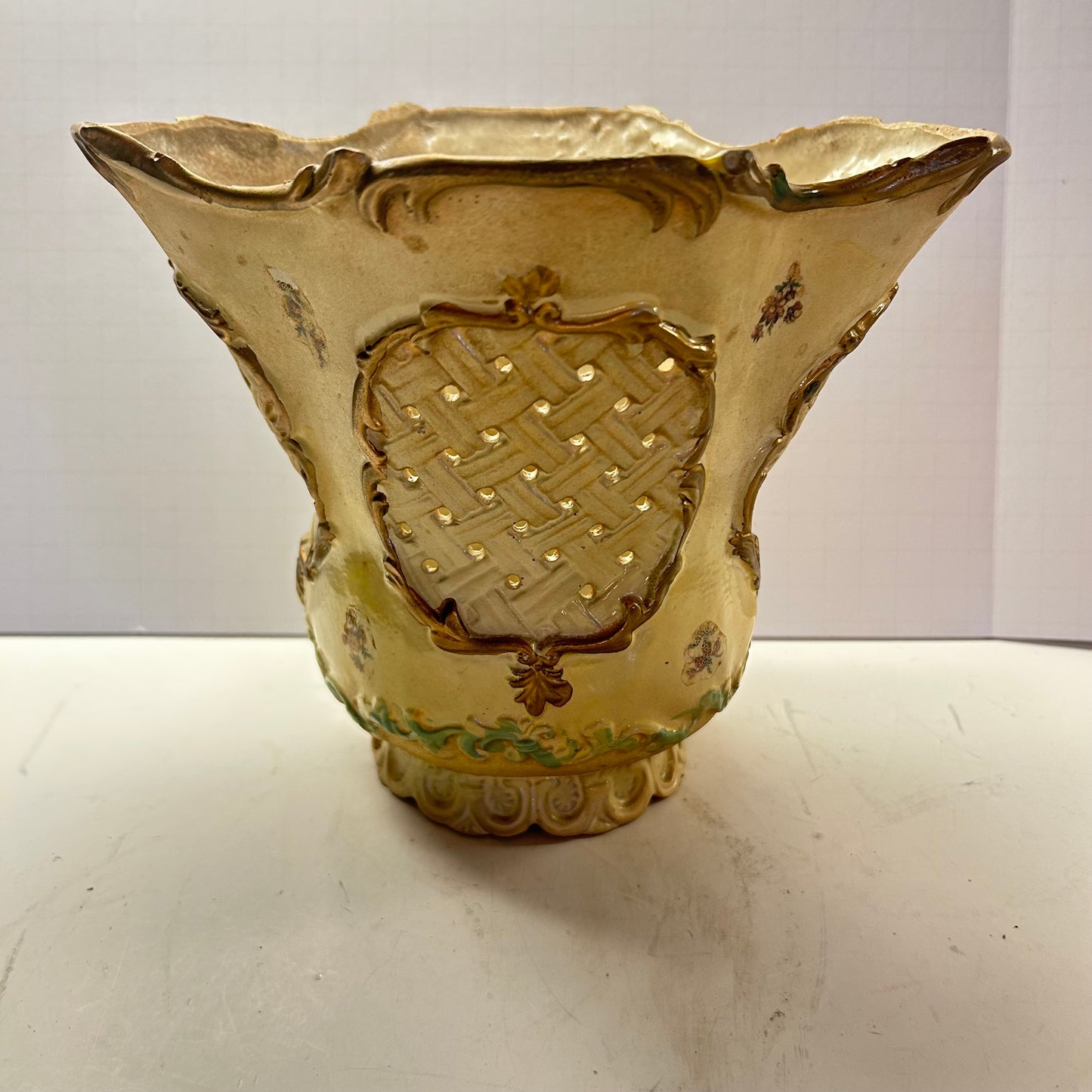 Victorian Design Pedestal Base Plantar with Cream, Gold and Floral Decor