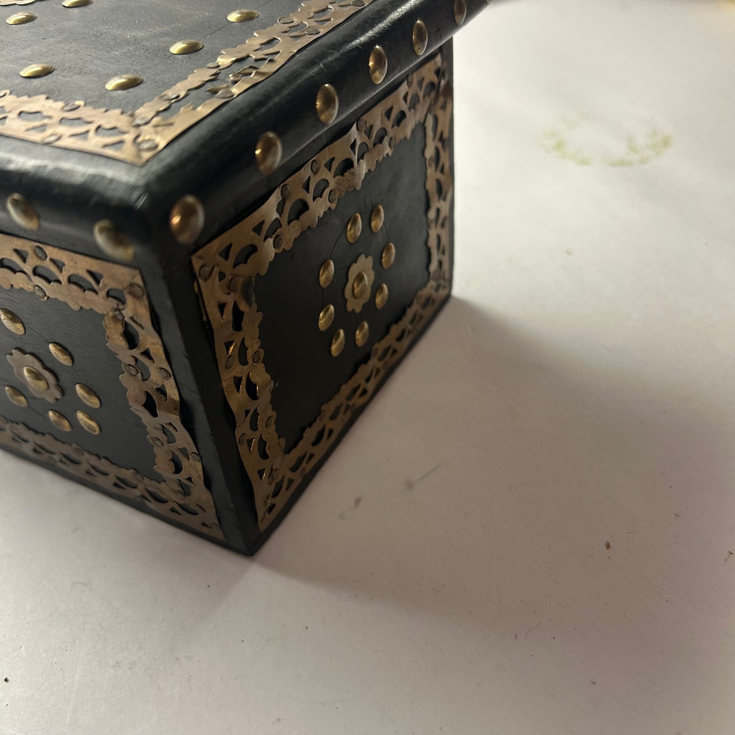 Wood Black & Gold beaded Decorative Trinket Storage Box 4x7”