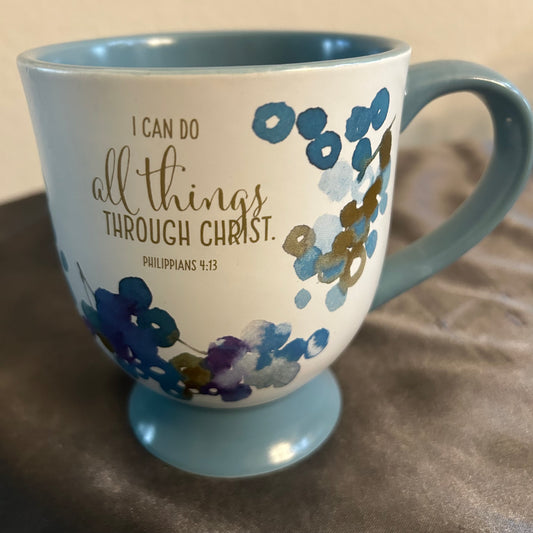Mug Blue and White Floral Design “I Can Do All Things Through Christ”
