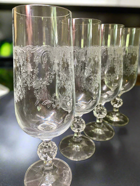 Vintage Etched Crystal Champagne Flutes with Ball Stem (Set of 4)