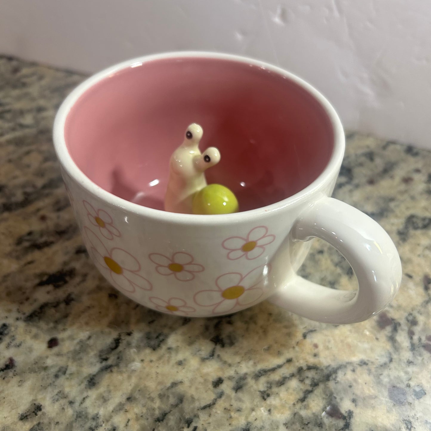 Pink and White Mug with Exterior Flowers & Cute Snail in Center