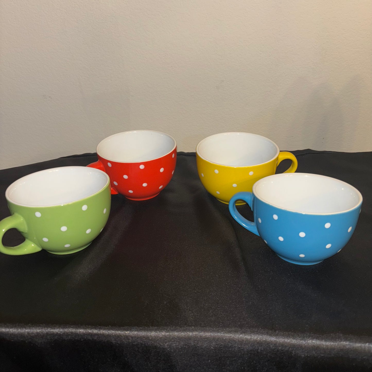 Polkadot ceramic coffee mugs Red blue, yellow, green large size set of 4