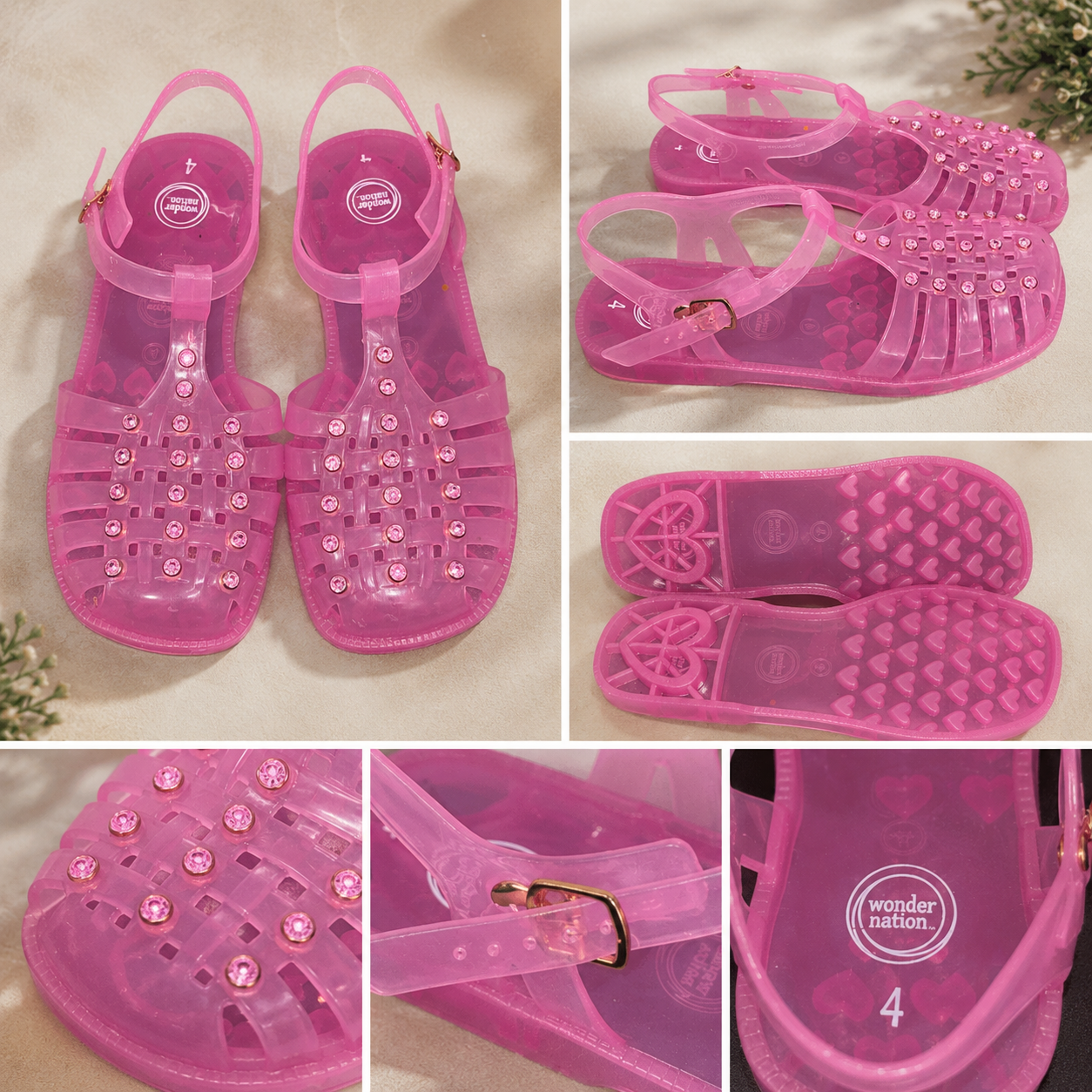 Pink With Rhinestone Design Jelly Shoes size 4 by Wonder Nation