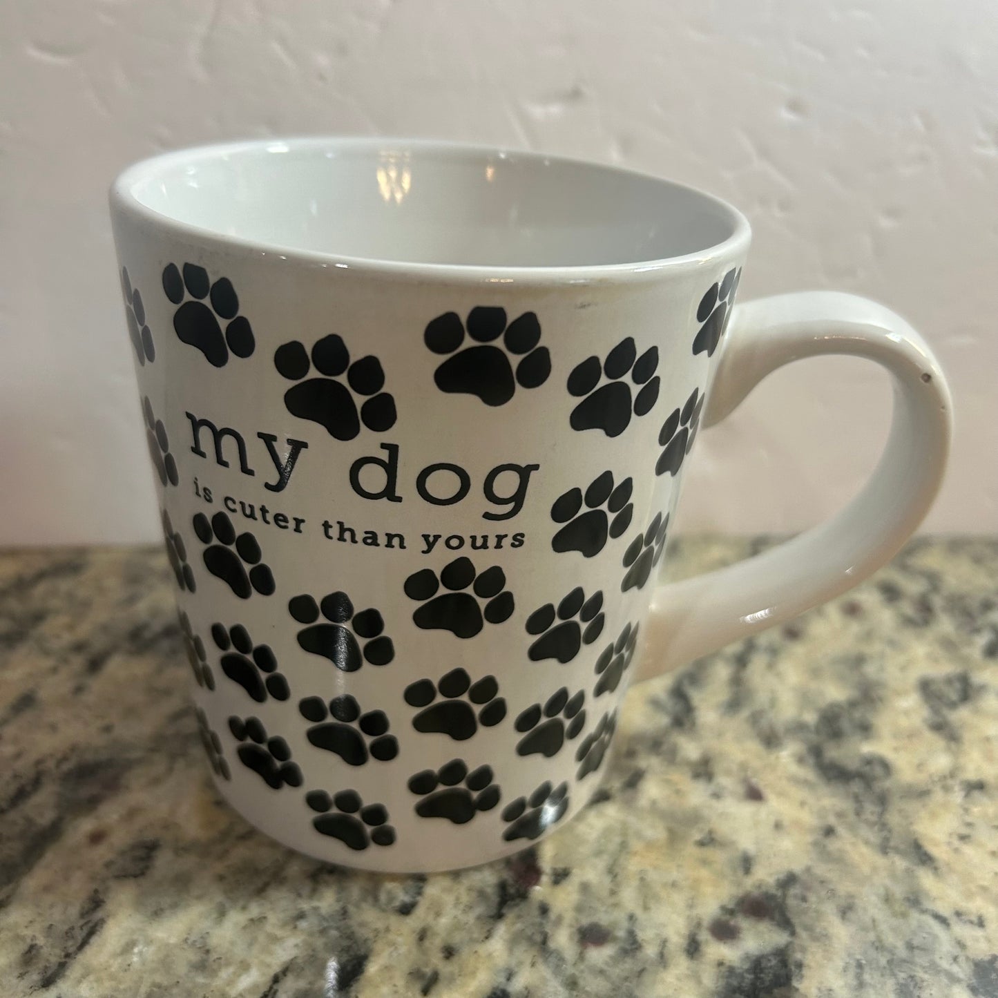 “My Dog Better Than Yours” White Mug With Black Paw Prints