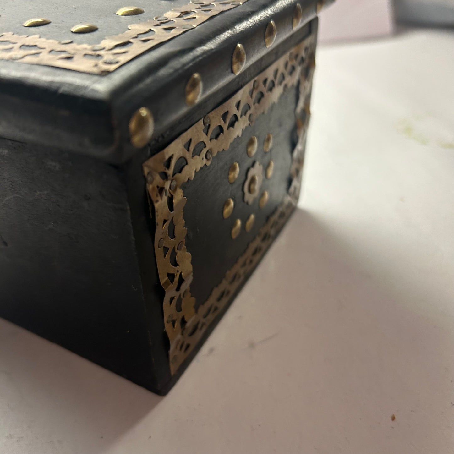Wood Black & Gold beaded Decorative Trinket Storage Box 4x7”