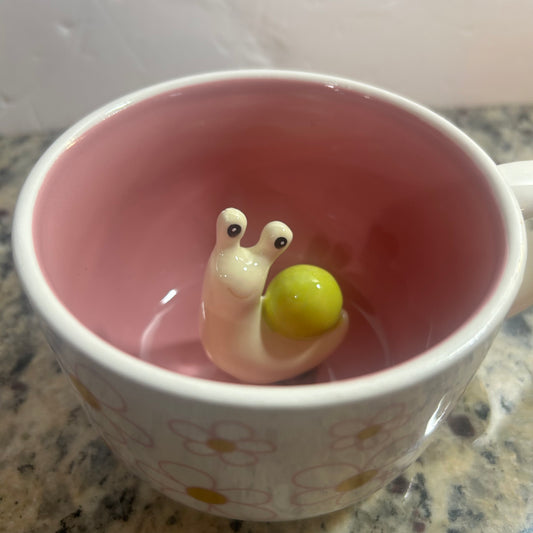 Pink and White Mug with Exterior Flowers & Cute Snail in Center