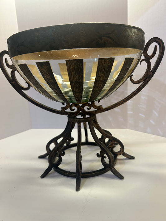Large Black & Gold Decorative Glass and Metal Pedestal Bowl