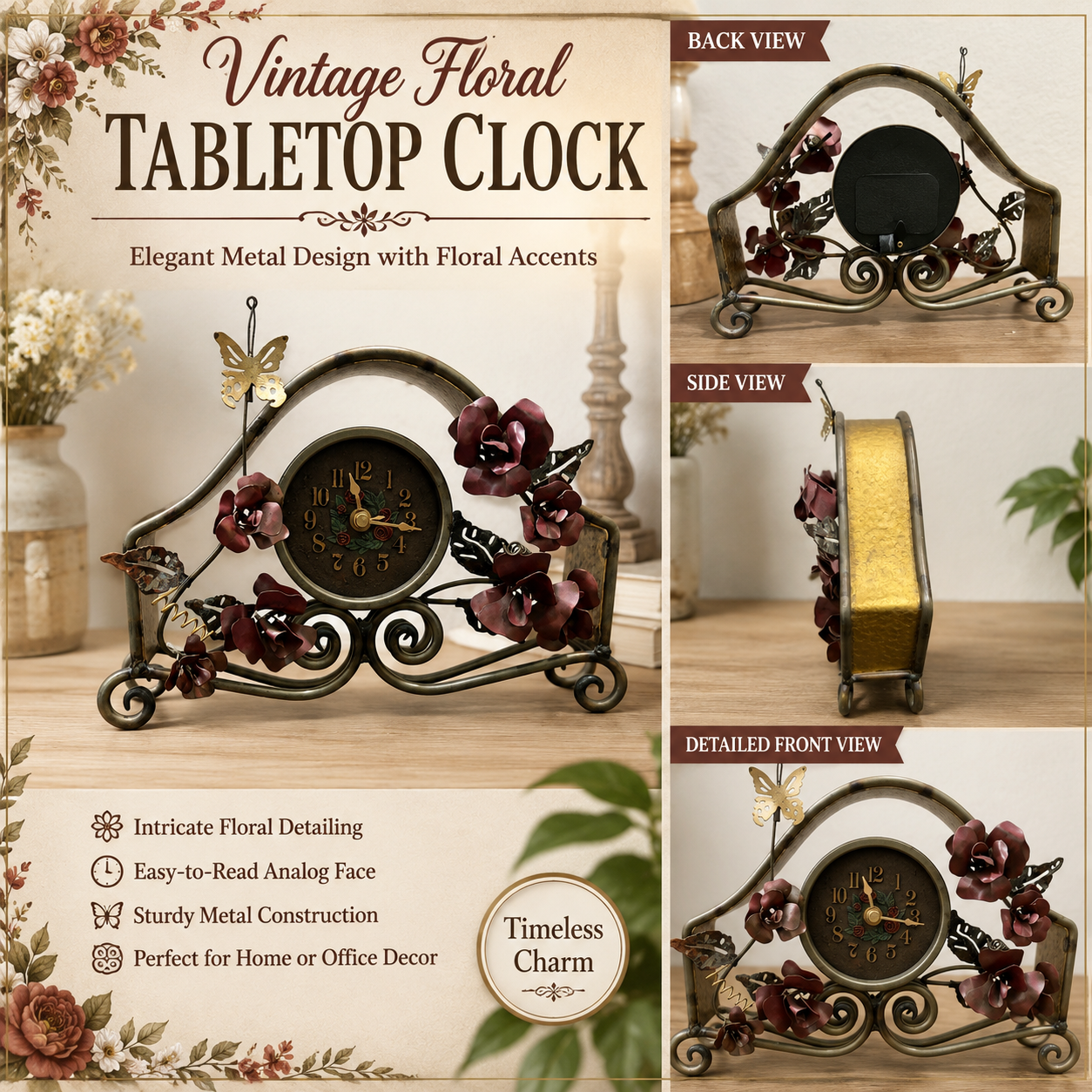Vintage Inspired Rose Design Metal Table Clock with Butterfly