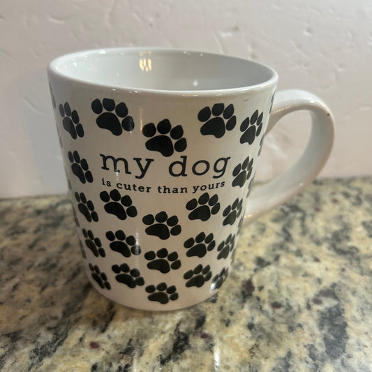 “My Dog Better Than Yours” White Mug With Black Paw Prints