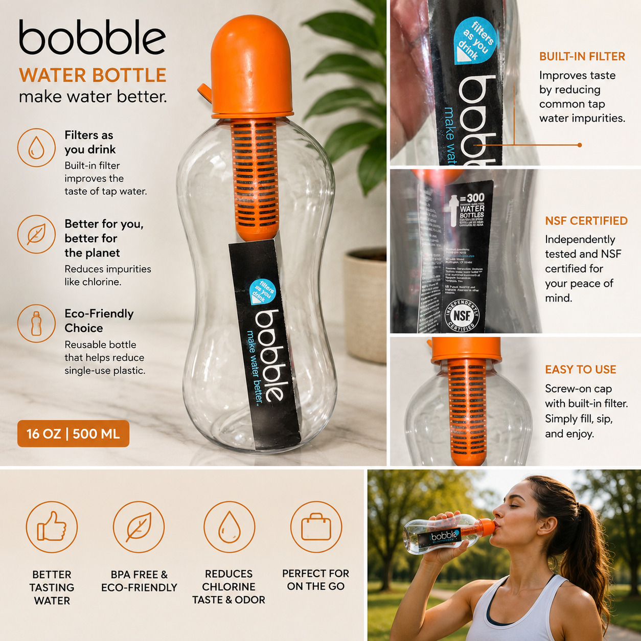 Bobble Water Bottle with Built in Filter. 16oz
