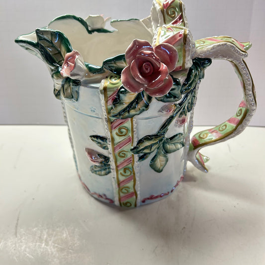 White pink and green Porcelain ceramic floral and ribbon bow design pitcher