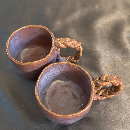 Mugs Handcrafted with braided Handles set of 2. 6oz