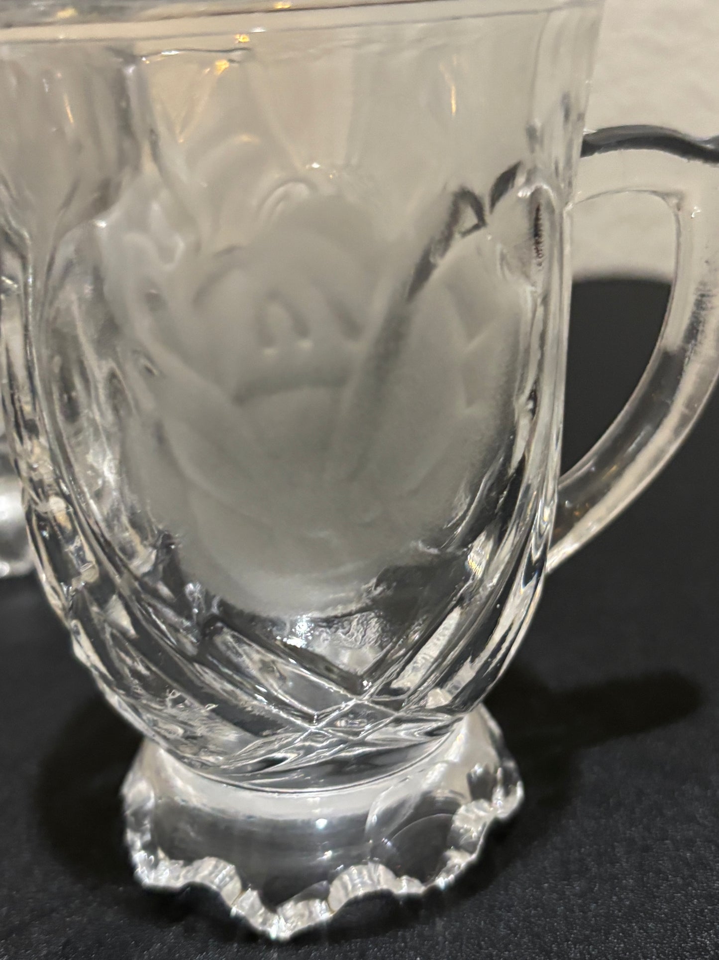 Vintage glass mugs with rose etched design set of 4