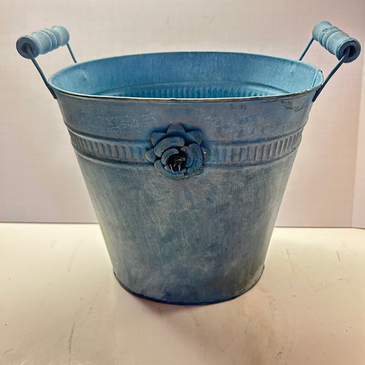 Blue Metal Bucket with floral Decor hand handles