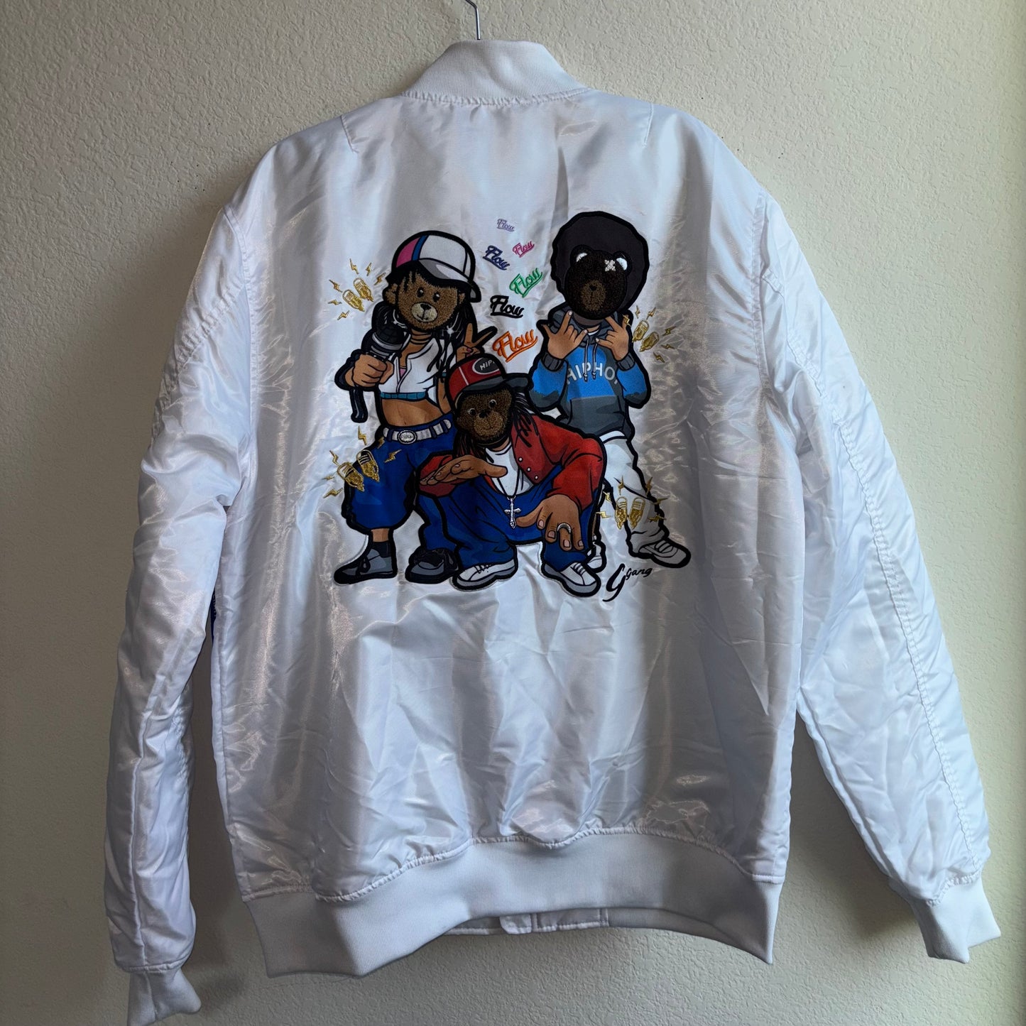 White bomber jacket, embroidered hip-hop characters men’s XL NWT