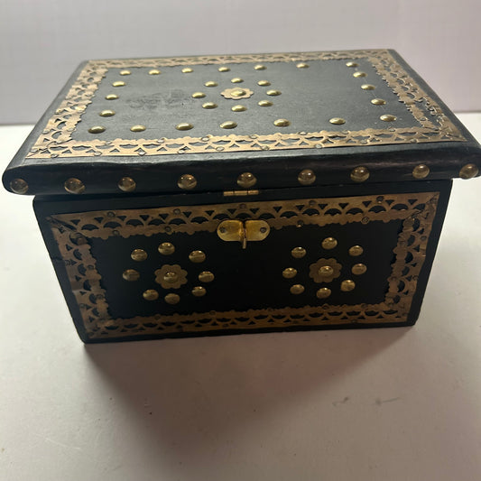 Wood Black & Gold beaded Decorative Trinket Storage Box 4x7”