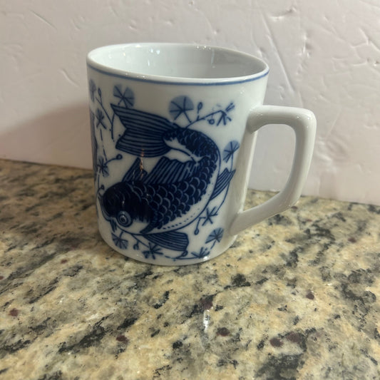 Blue and White Japanese Fish Design Mug