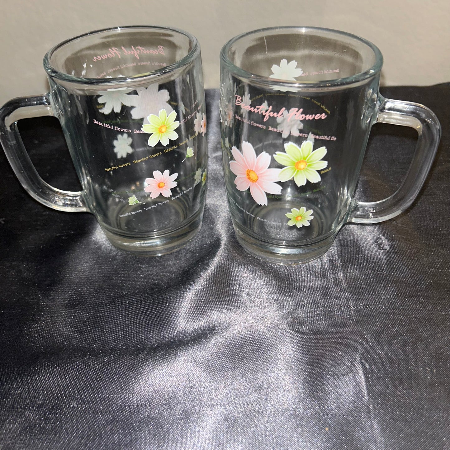 Mugs Clear Glass with Beautiful Floral Design set of 2 8oz