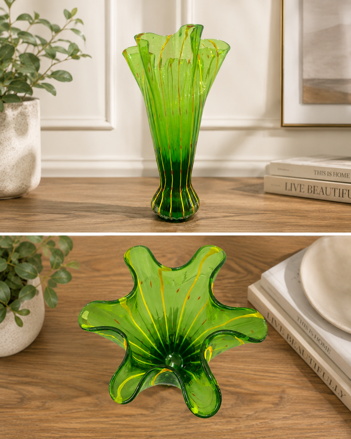 Hand Blown Art Glass Vase Bright Lime Green Flutted with Ruffle Rim