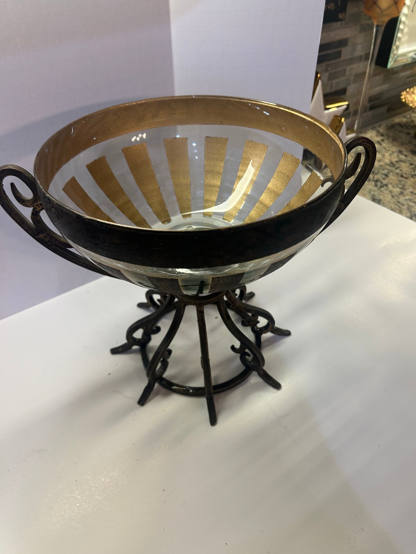 Large Black & Gold Decorative Glass and Metal Pedestal Bowl