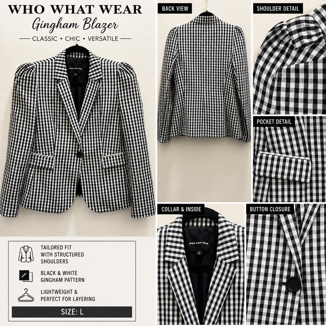 Black and White Gingham Blazer by Who What Wear