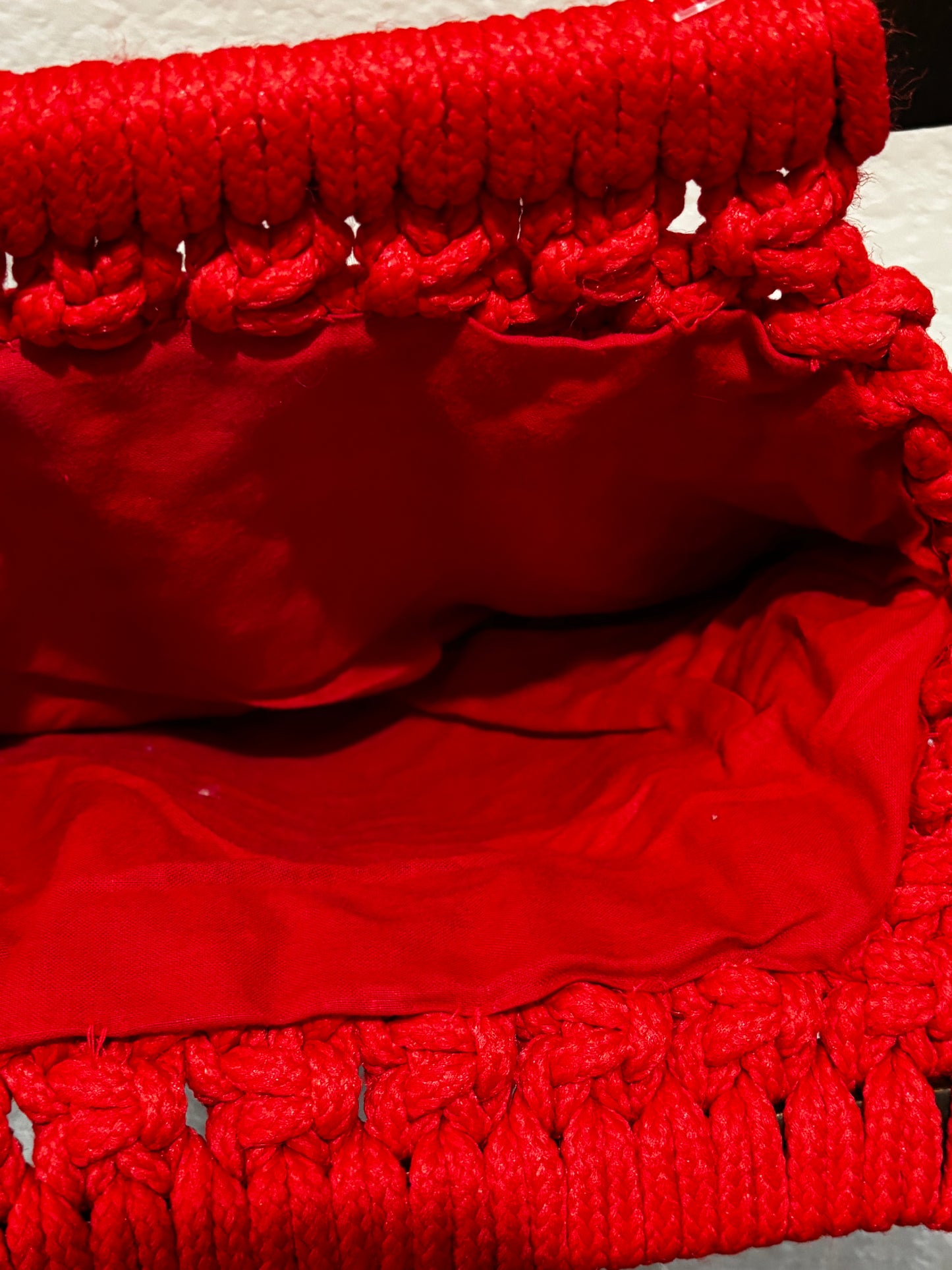 Handmade crochet red handbag with wood handles