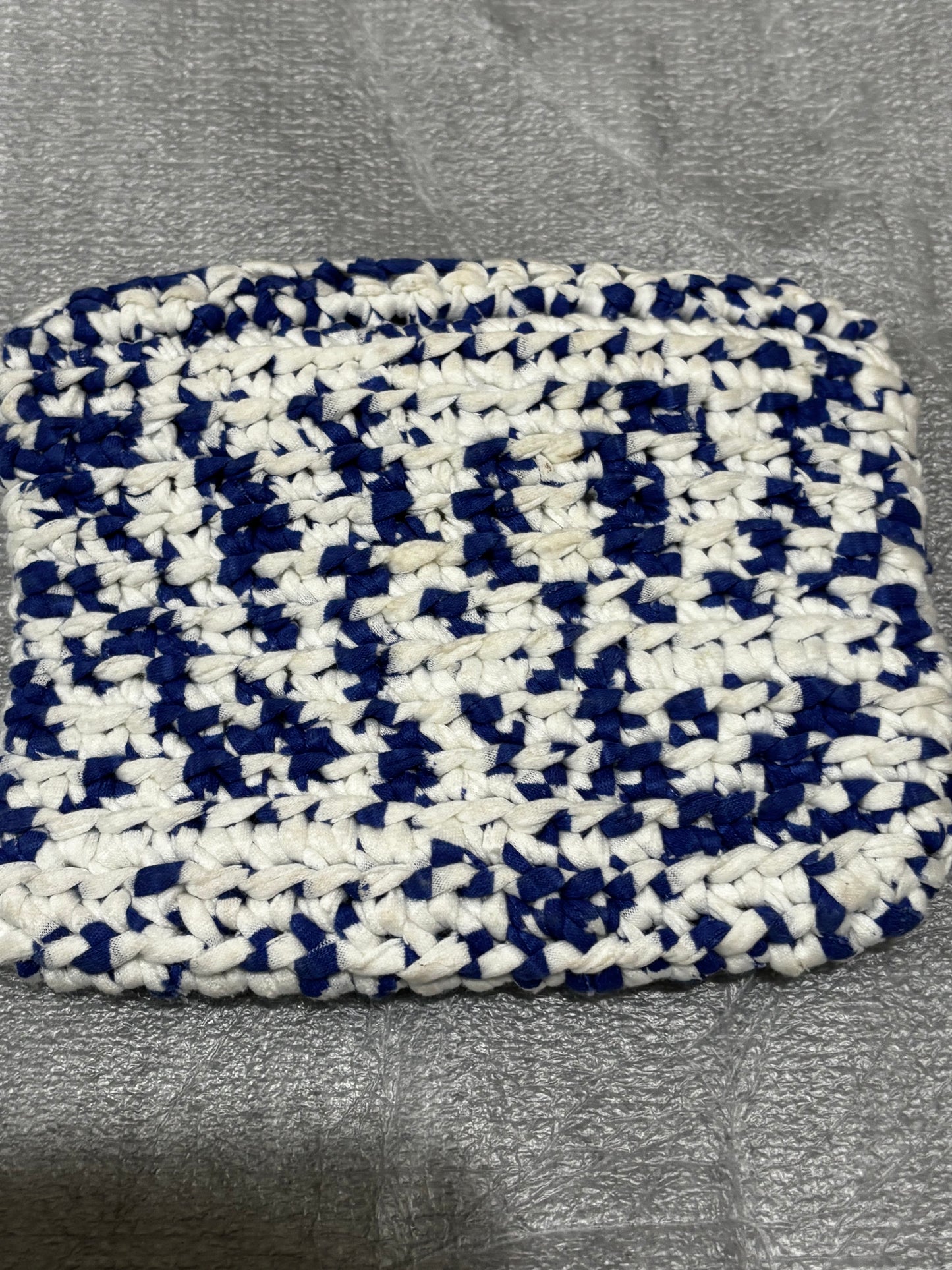 Handmade, crochet, blue and white handbag with matching wallet