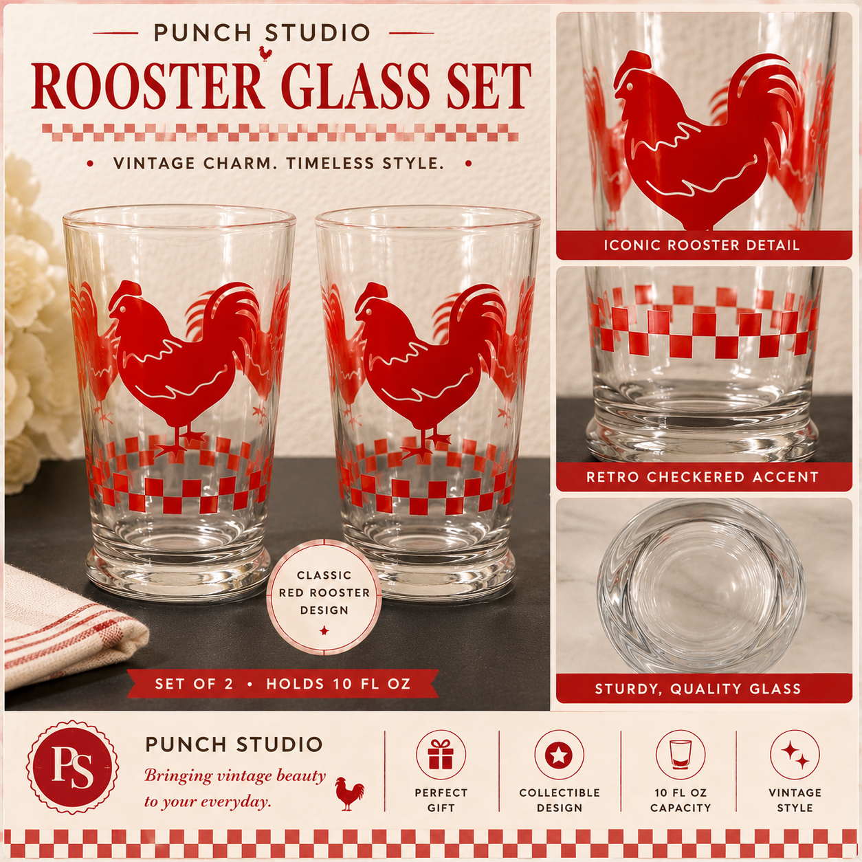 Red Rooster Glasses set of 2