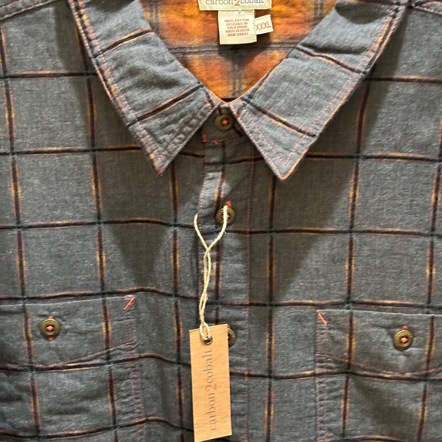Carbon 2 cobalt, gray and rust plaid long sleeve button down shirt, men size 3XL NWT