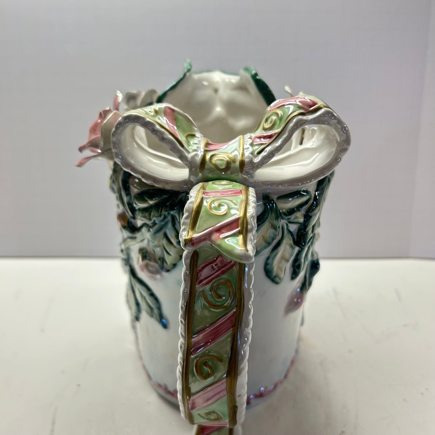White pink and green Porcelain ceramic floral and ribbon bow design pitcher