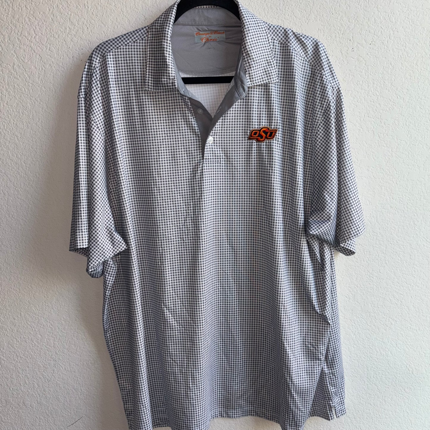 Oklahoma State University (OSU) Orange Logo White and Gray Plaid Men’s CL Polo Shirt