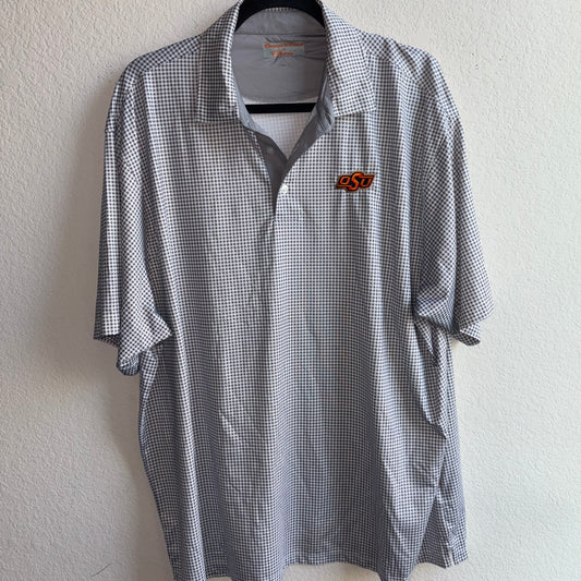 Oklahoma State University (OSU) Orange Logo White and Gray Plaid  Men’s CL Polo Shirt
