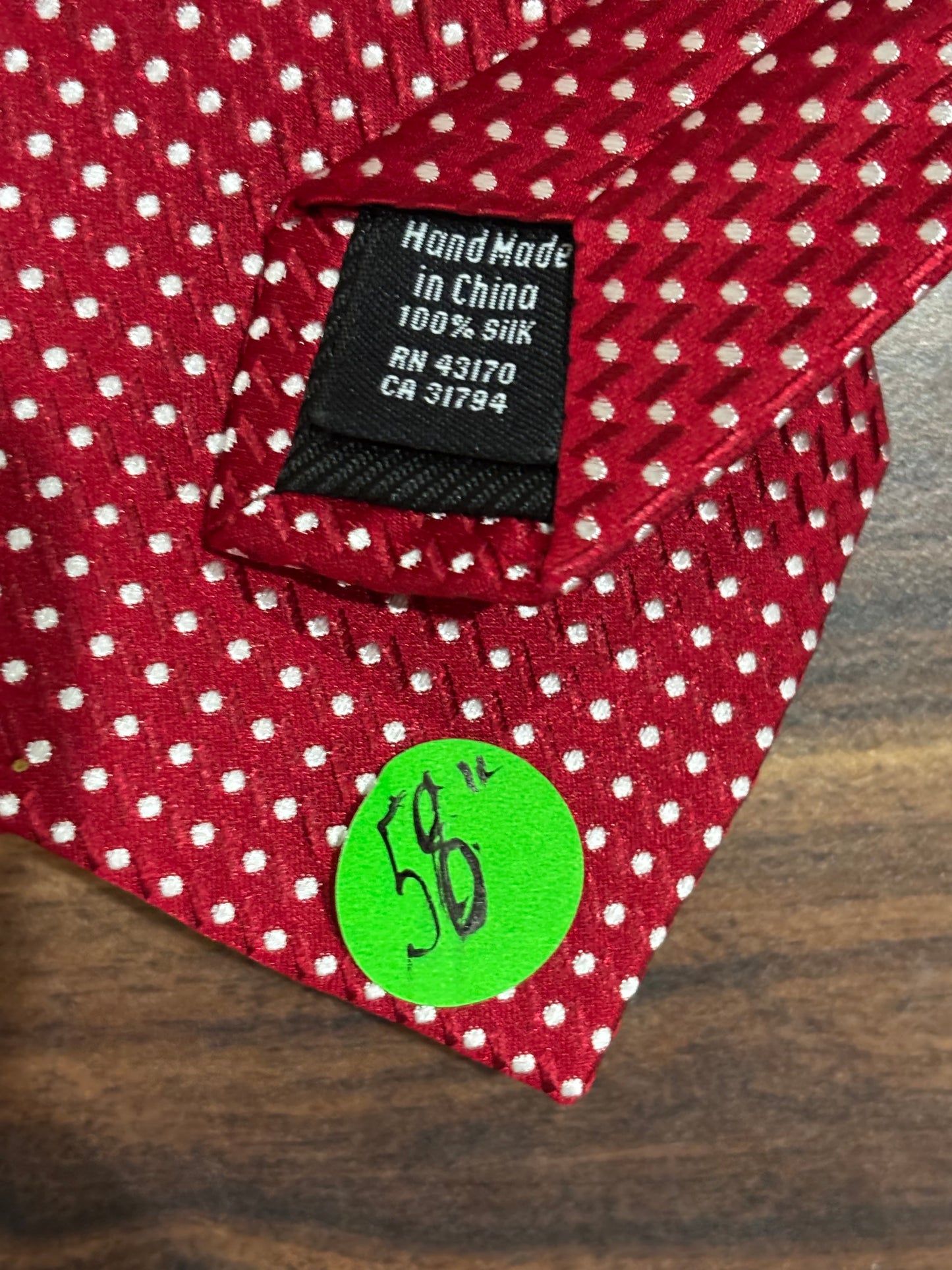 Geoffrey Beene Red Tie w/ White Dots 100% Silk 58”