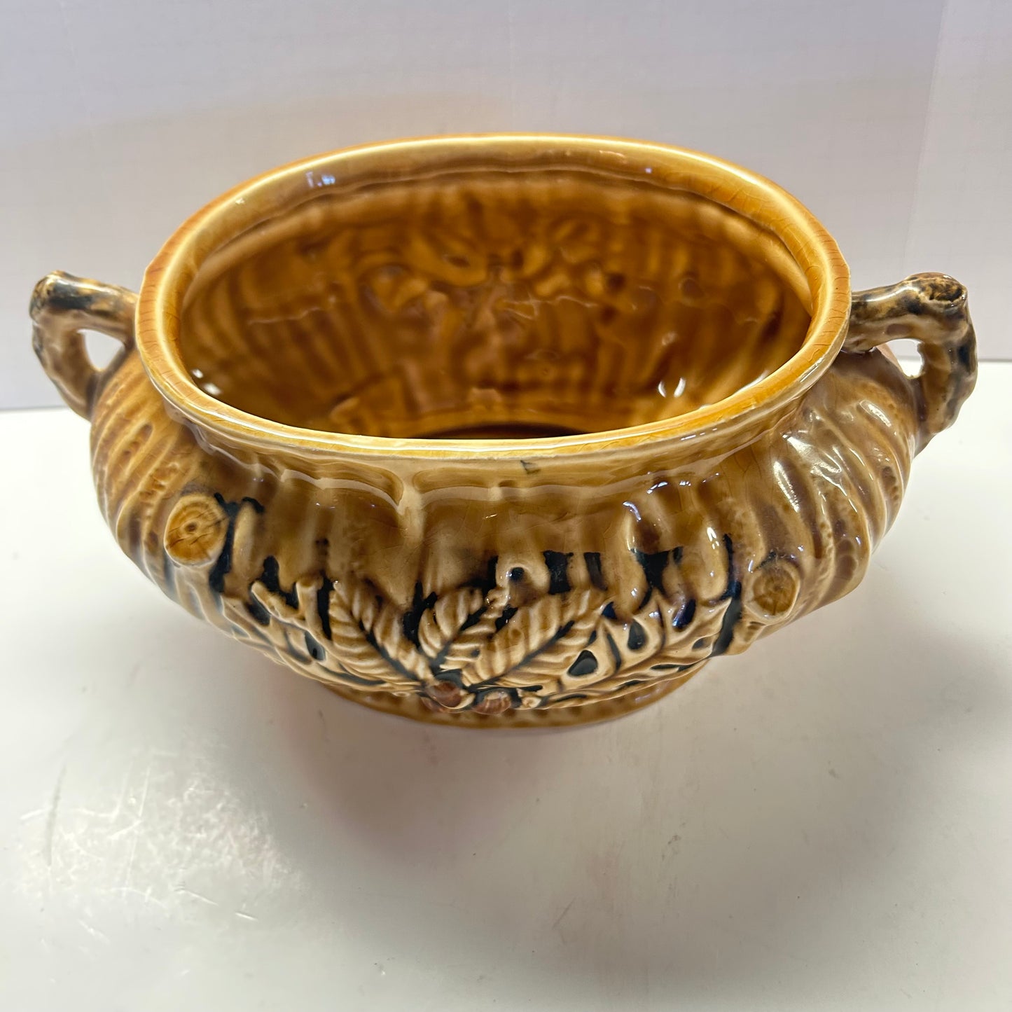 Vintage Ceramic Brown Glazed Pottery with Leaf design and Handles