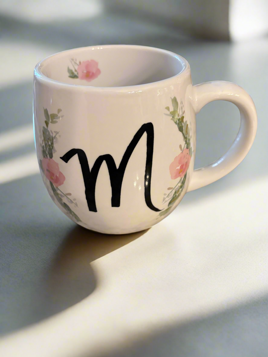 Ceramic White Mug w/ monogram“M” & pink flowers