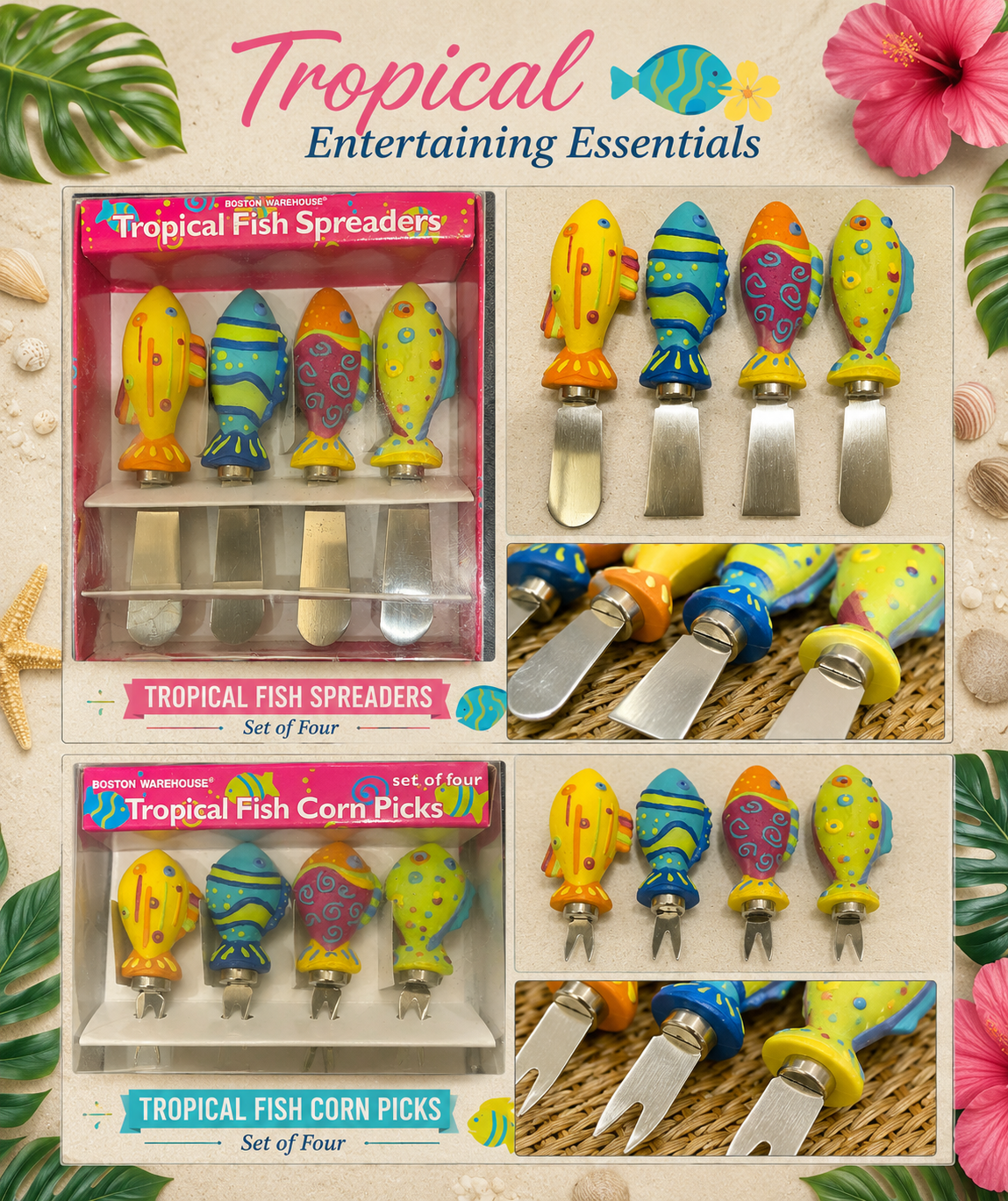 Tropical Fish Themed Spreading knives and Corn Picks. Set of 4 each